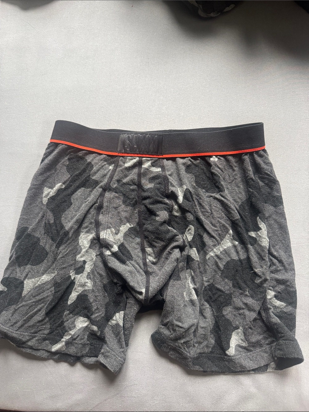 Saxx Men’s Gray Camo Boxer Briefs with Black Waistband and Red Trim